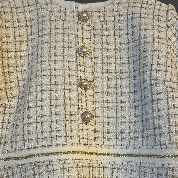 Girhoodcore Cream Tweed Pearl Gold Embellished Dress - L - Picture 9 of 11